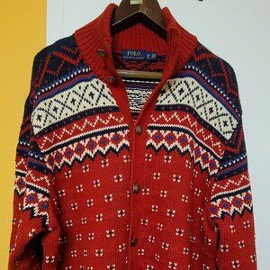 Vintage Polo Ralph Lauren Red Fair Isle Nordic Buffalo Nickel Button Cardigan
